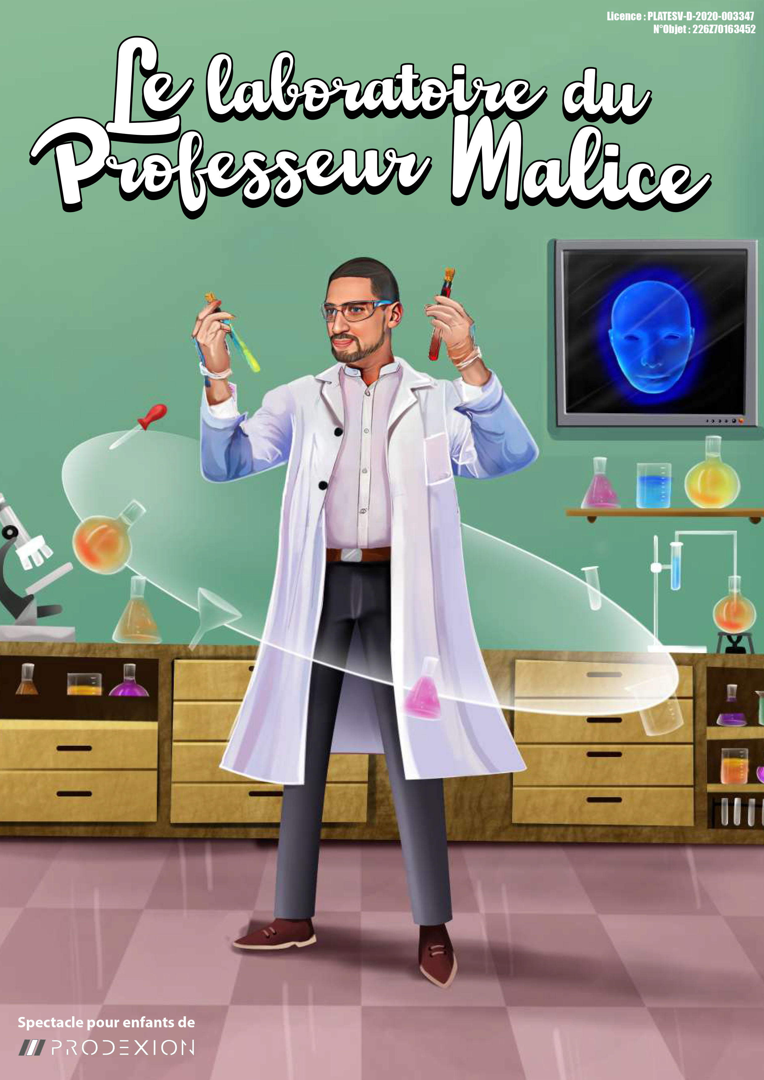 Affiche Le Laboratoire du Professeur Malice — spectacle magie enfants Paris